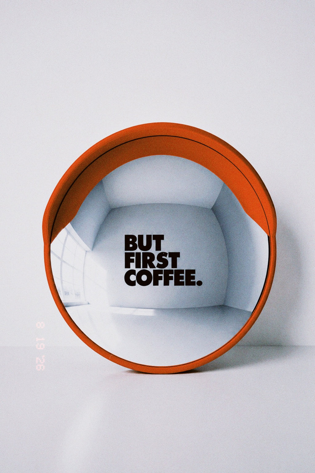 “But First, Coffee” Convex Mirror – Black Letters, Orange Mirror, Ø45cm