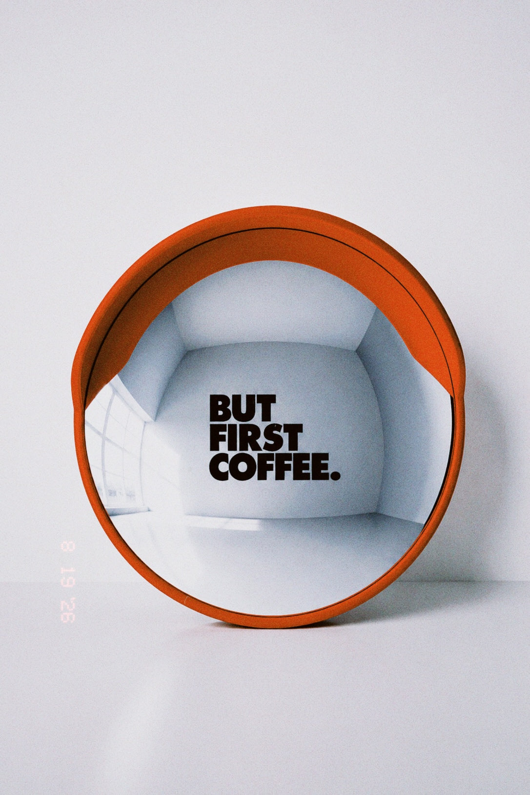 “But First, Coffee” Convex Mirror – Black Letters, Orange Mirror, Ø45cm