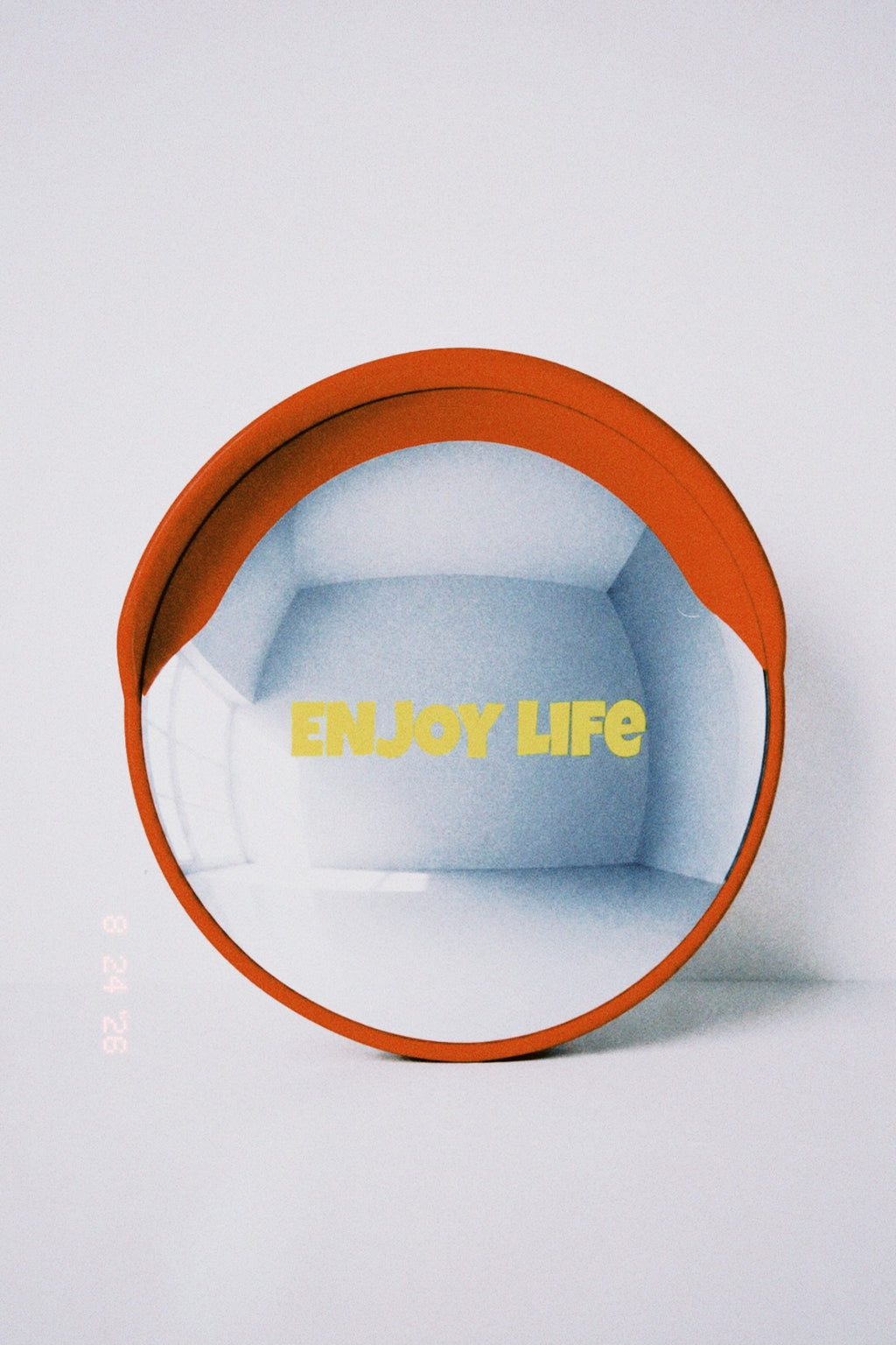 “ENJOY LIFE” Convex Mirror – Pistachio Green Letters, Orange Mirror, Ø45cm