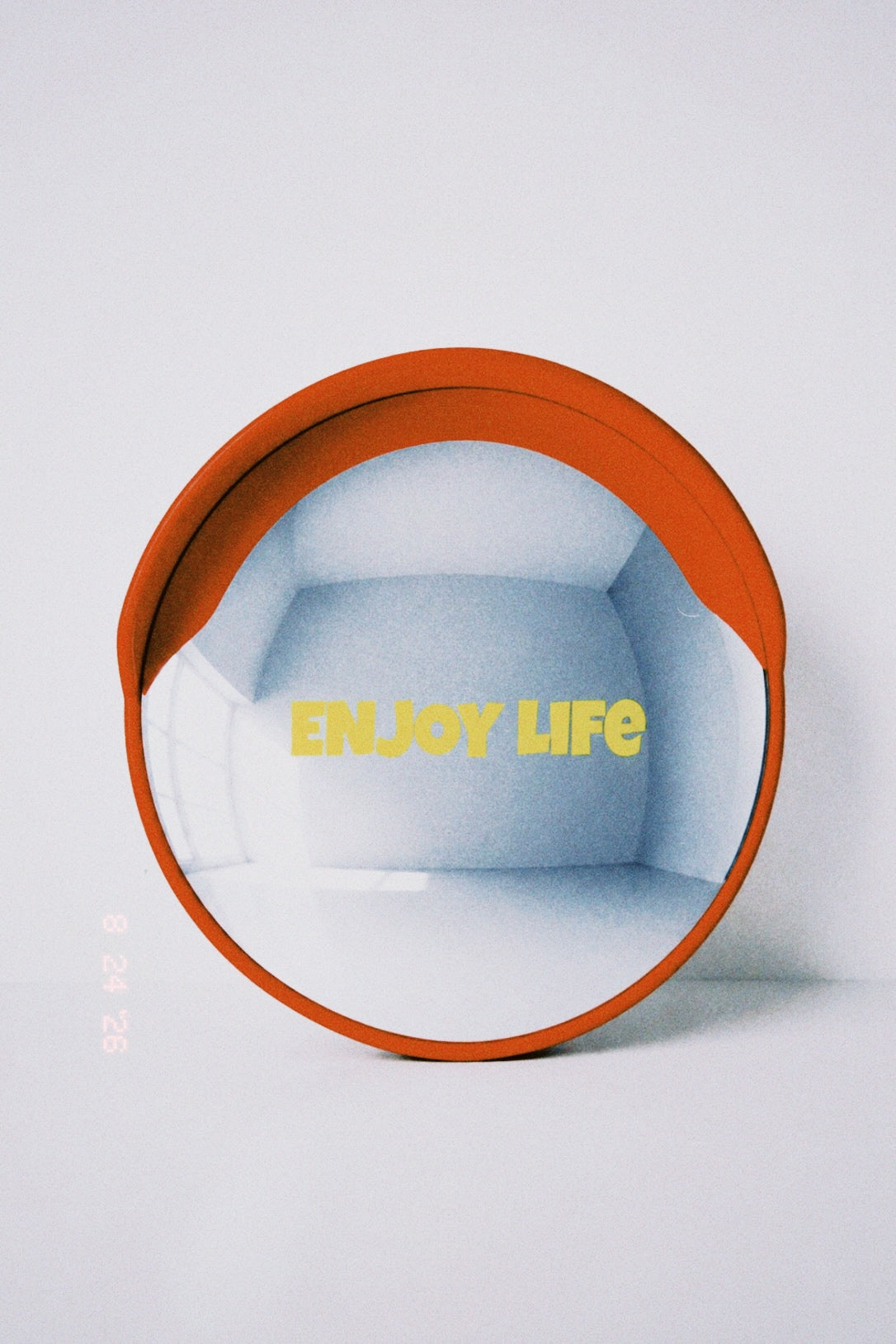 “ENJOY LIFE” Convex Mirror – Pistachio Green Letters, Orange Mirror, Ø45cm