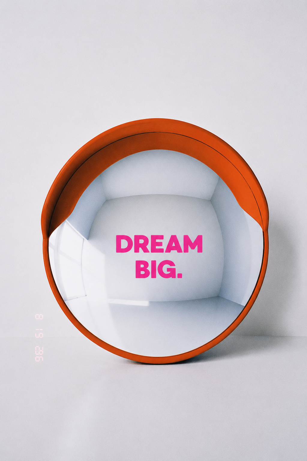 “DREAM BIG” Convex Mirror – Pink Letters, Orange Mirror, Ø45cm