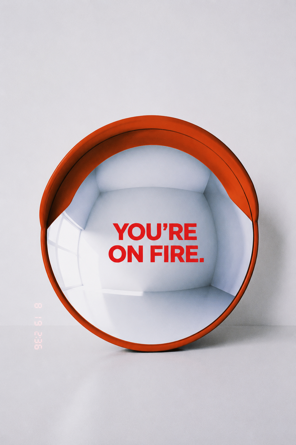 “You’re On Fire” Convex Mirror – Black Letters, Silver Mirror, Ø45cm